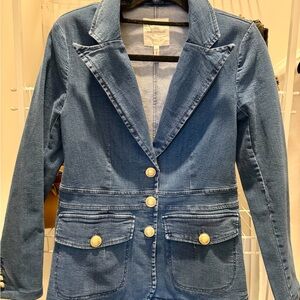 Avec Les Filles Denim Blue Blazer with Gold Accents